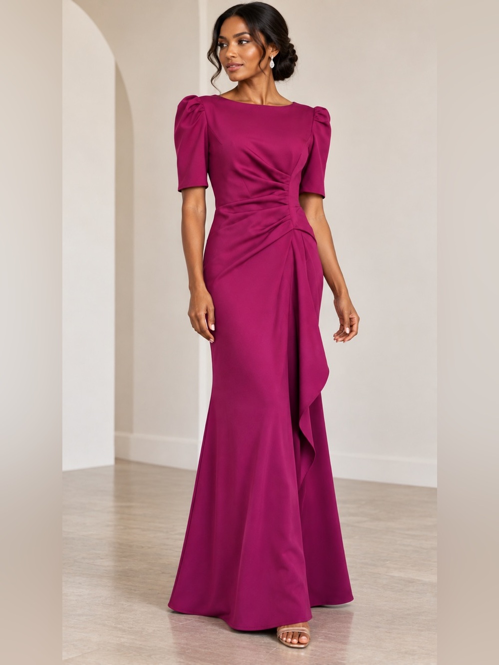 NWT Magenta Plum Ruched Formal Evening Gown with Puff Sleeves, Floor-Length